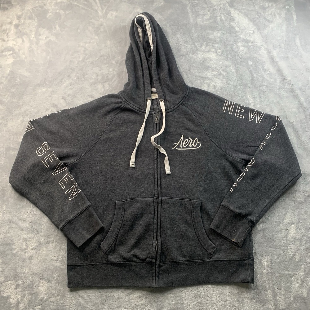 Vintage Aeropostale Aero 87 Hoodie Fleece Lined Full Zip Printed Sleeves Size XL